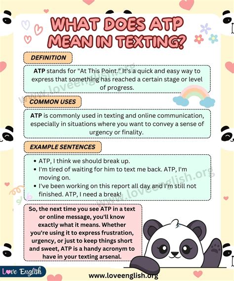 What does atp mean texting - 3 can have a variety of slang meanings in texting, depending on what goes before it. On its own, it can be a substitute for the letter E. When put after a less-than sign, “<3”, it means a love heart. It can also be spelled “<33”. It can also make up part of a certain emoji, such as “:3”. So, 3 doesn’t really mean anything by ...